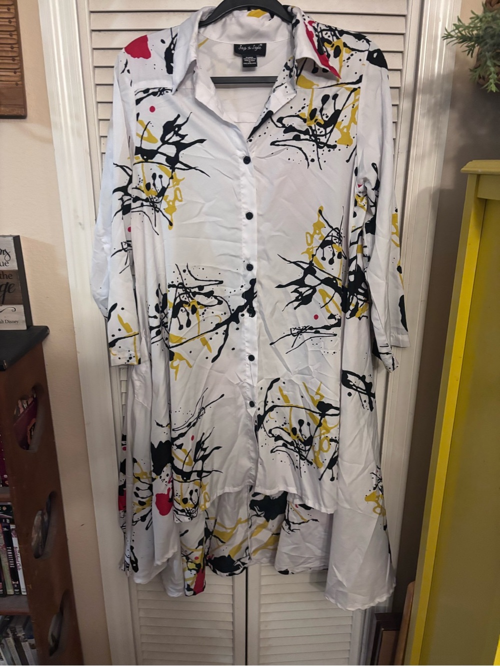 Abstract-Print High-Low Shirt Dress in White with Black, Yellow & Pink Accents